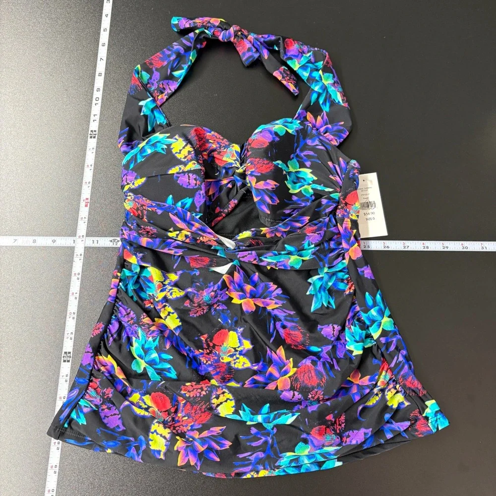 Fashion to Figure Women Tankini Top 0 (XL) Purple Floral Halter Cutout FTF122-P